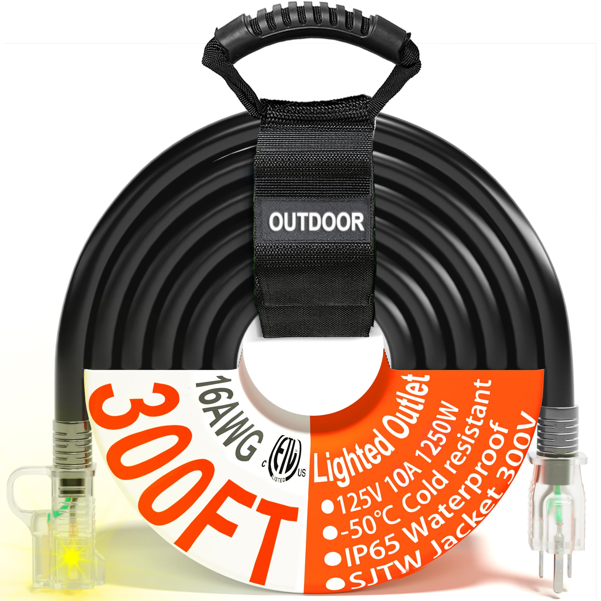 HUANCHAIN Indoor Outdoor Black Extension Cord 50 ft Waterproof, 16/3 Gauge Flexible Resistant Appliance Extension Cord Outside, 13A 1625W 16AWG SJTW, 3 Prong Heavy Duty Electric Cable, ETL Listed
